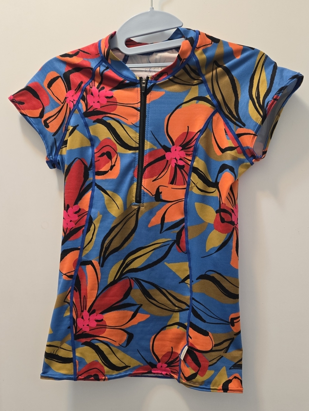 Womens O'Neill Blue Floral Zip Rashguard with Orange and Pink Accents